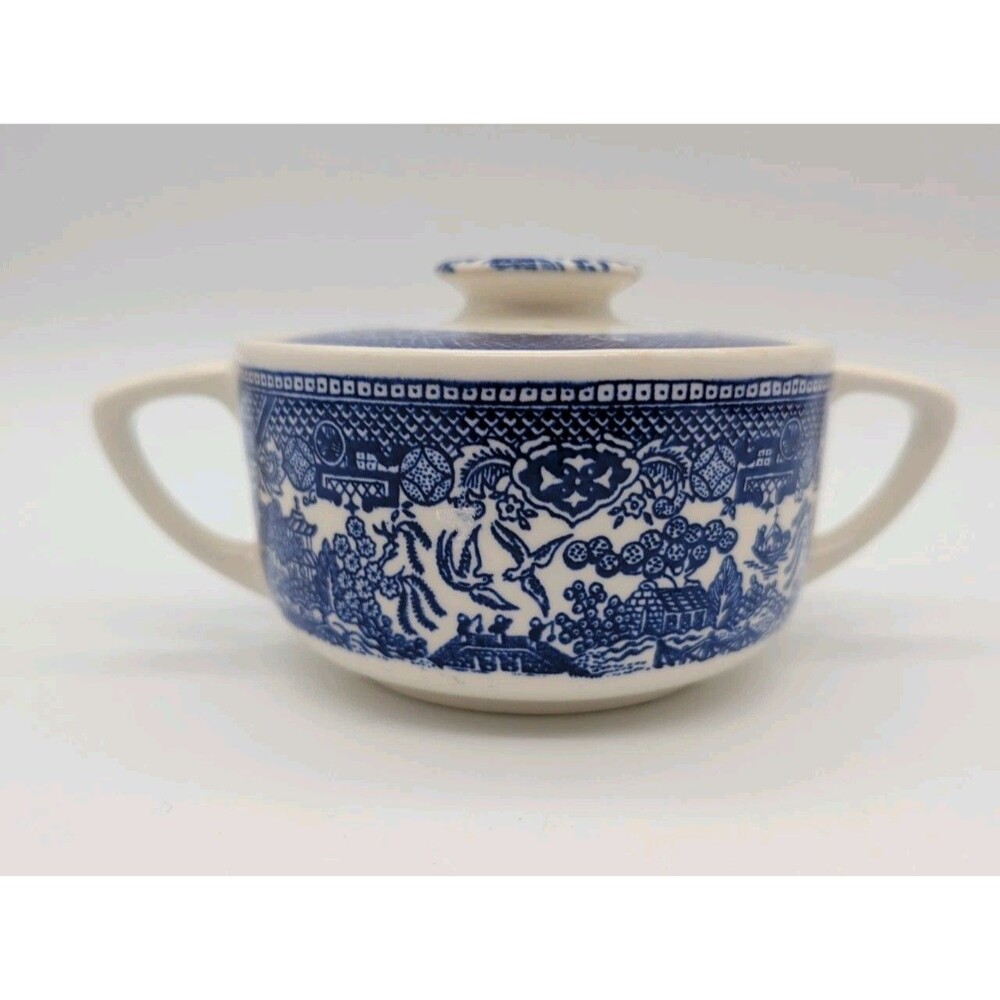 Vintage Blue Willow Covered Sugar Bowl Lidded 2-Handled Ceramic Unmarked